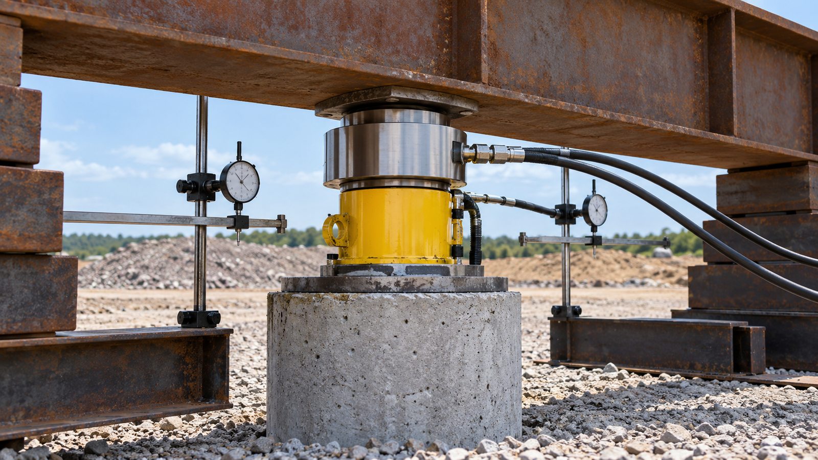 Illustration of a hydraulic jack and measurement gauges beneath a reaction beam