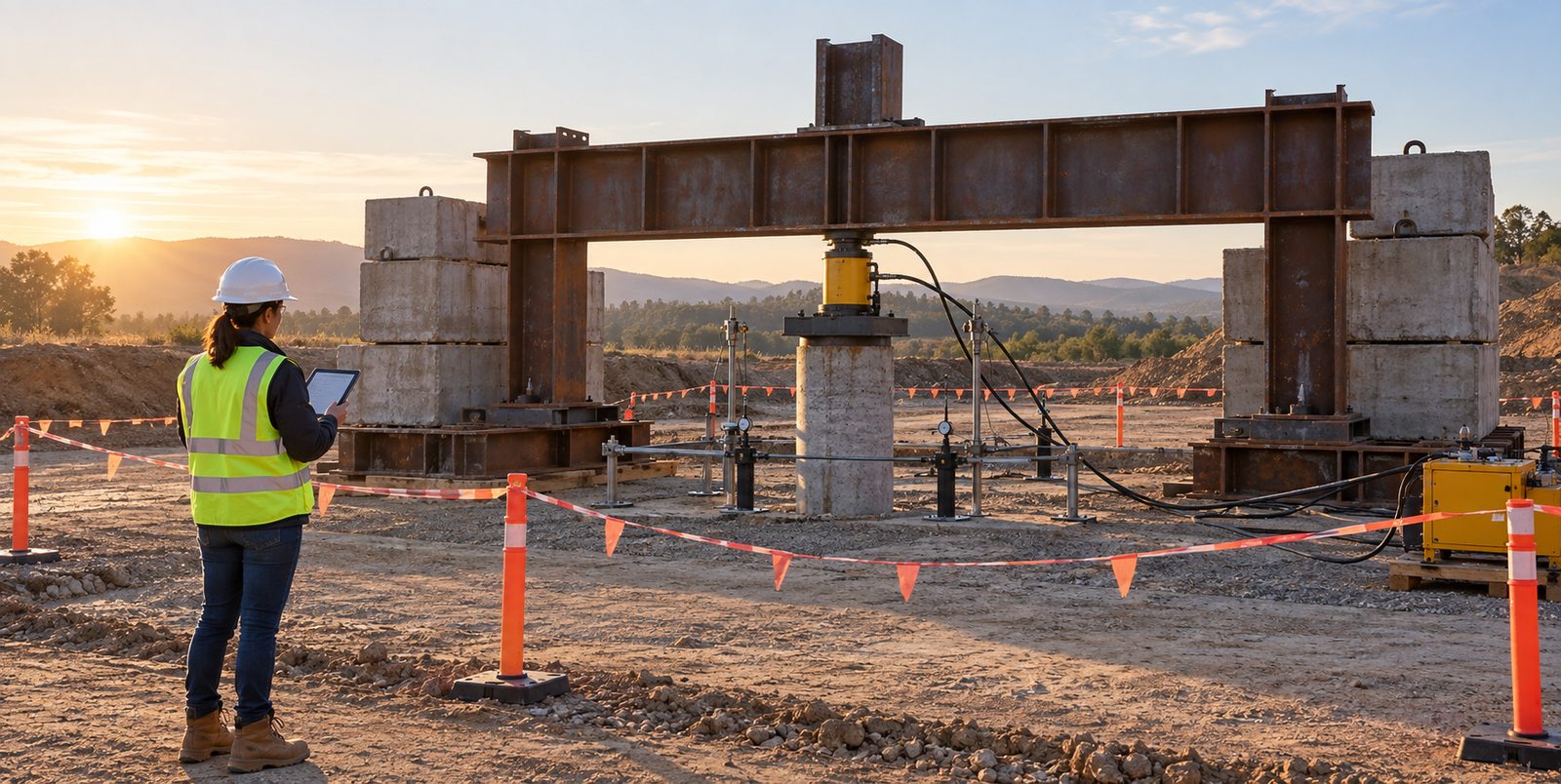 Illustration of a technician monitoring a pile load test from outside a marked work zone