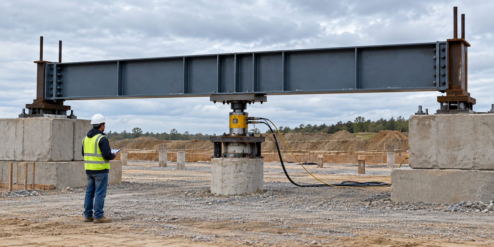 Illustration of a steel reaction frame and hydraulic jack over a concrete test pile
